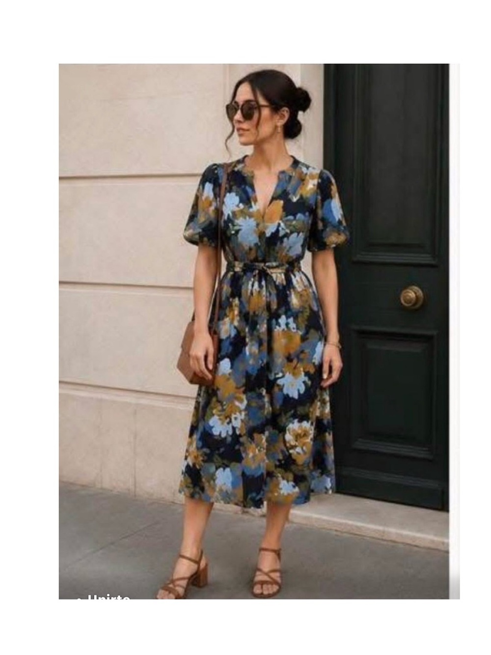 100% Cotton Floral Tie-Waist V-Neck Midi Dress in Navy & Blue